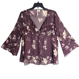 Lauren Conrad Sheer Purple & Cream Floral Ruffle Bell Sleeve Blouse Top Womens l